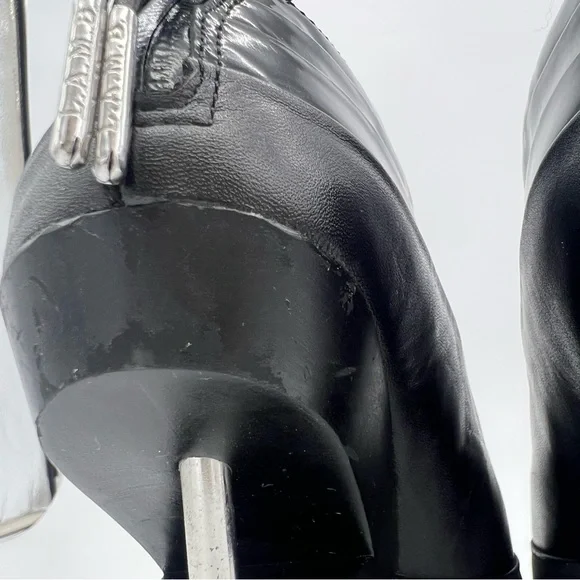 L.A.M.B.Black Patent Leather Open Toe Ankle Boots Silver Stiletto Heel Modern - Picture 7 of 13